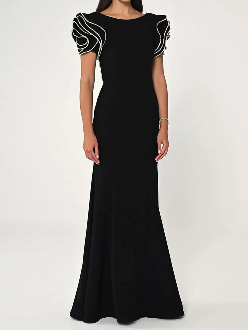 Black Beaded Cap Sleeve Maxi Dress H6729