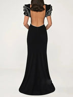 Black Beaded Cap Sleeve Maxi Dress H6729