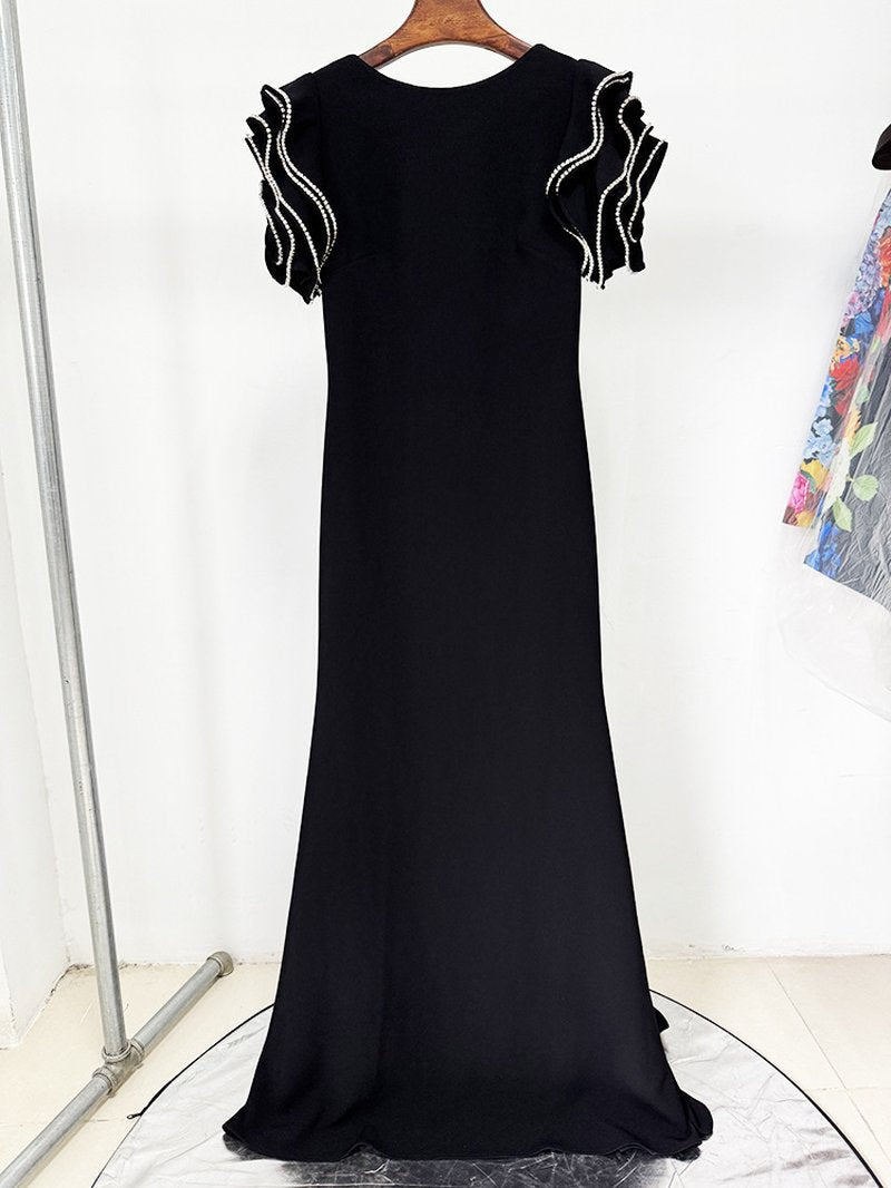 Black Beaded Cap Sleeve Maxi Dress H6729