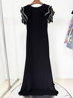 Black Beaded Cap Sleeve Maxi Dress H6729