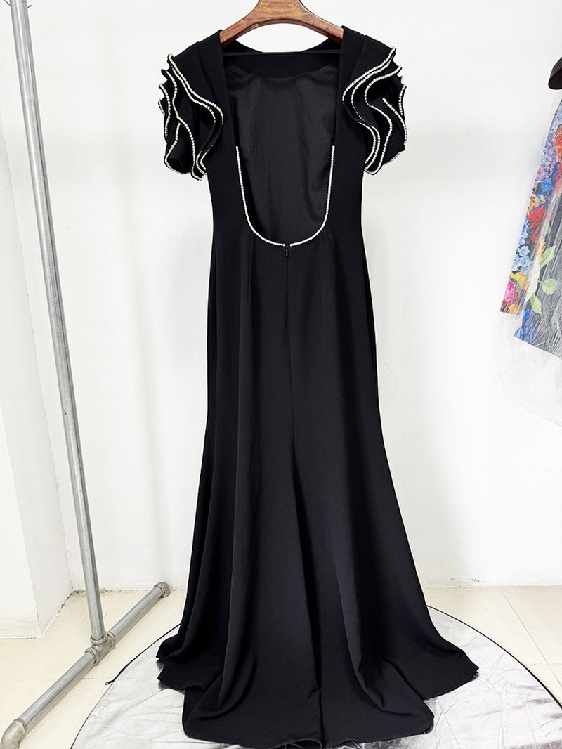 Black Beaded Cap Sleeve Maxi Dress H6729