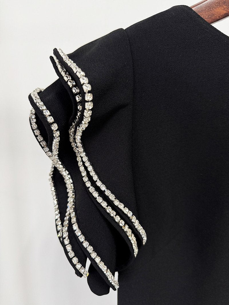 Black Beaded Cap Sleeve Maxi Dress H6729