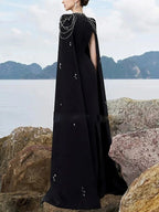 Black Beaded Cape Gown Dress H6577