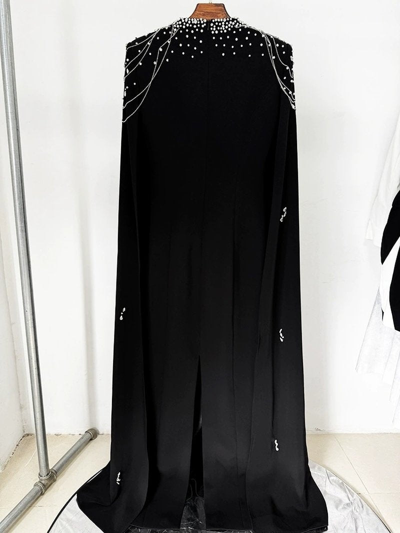Black Beaded Cape Gown Dress H6577