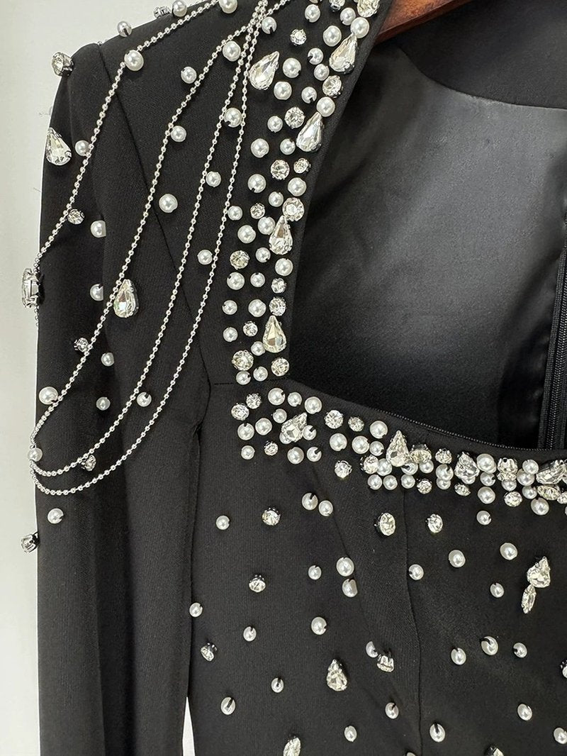 Black Beaded Cape Gown Dress H6577