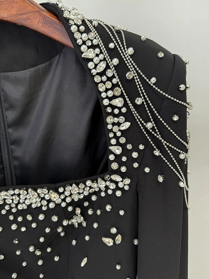 Black Beaded Cape Gown Dress H6577