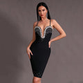 Black Beaded Deep V-Neck Bandage Dress H6279