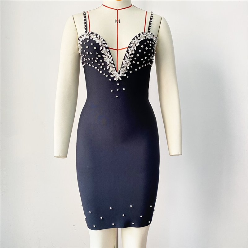 Black Beaded Deep V-Neck Bandage Dress H6279
