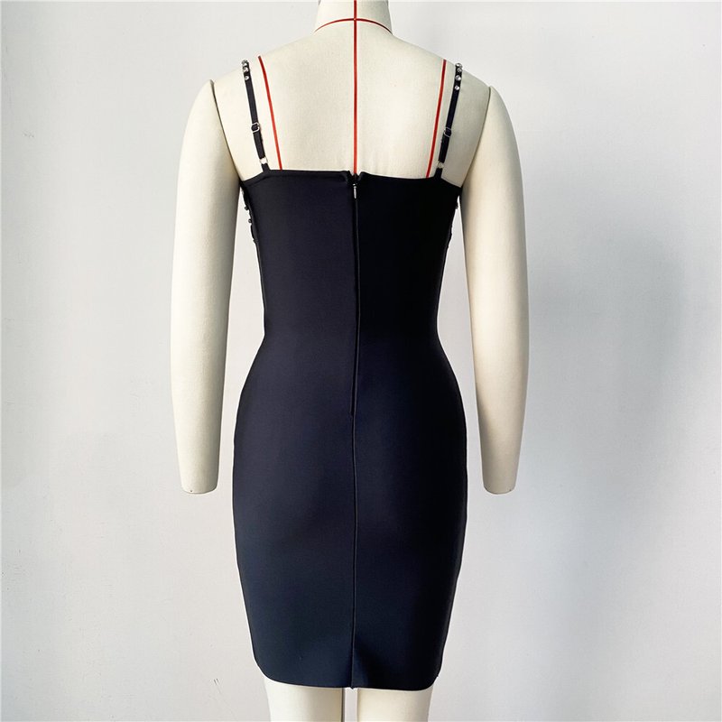 Black Beaded Deep V-Neck Bandage Dress H6279