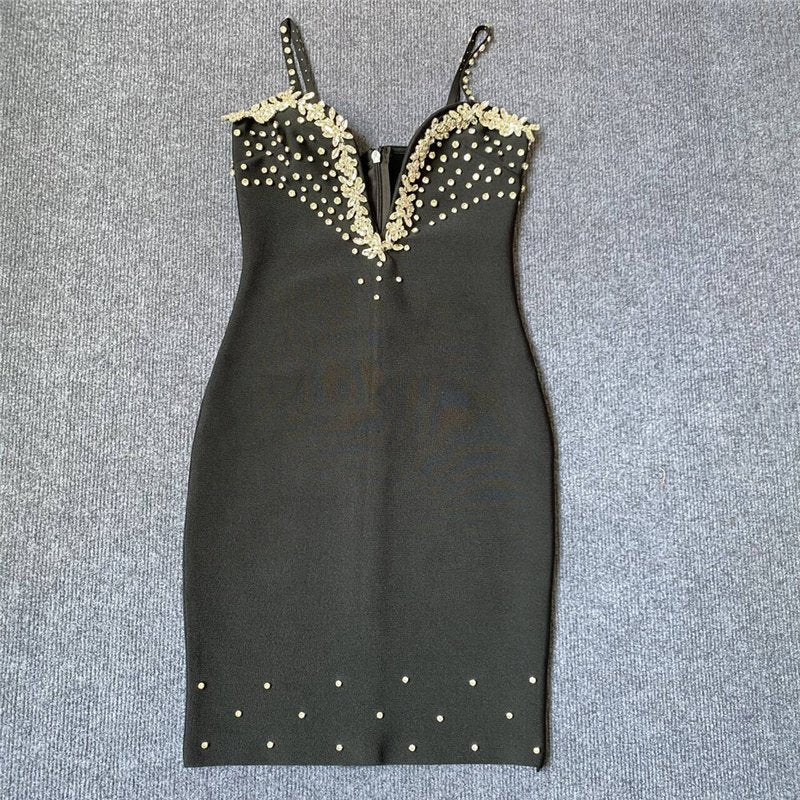 Black Beaded Deep V-Neck Bandage Dress H6279