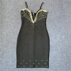 Black Beaded Deep V-Neck Bandage Dress H6279