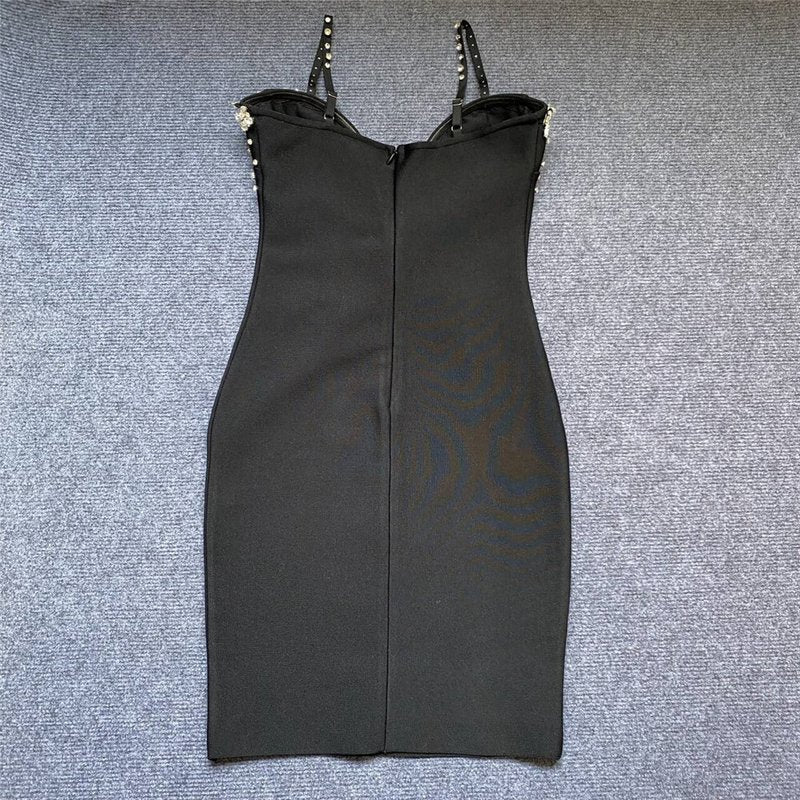 Black Beaded Deep V-Neck Bandage Dress H6279