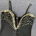 Black Beaded Deep V-Neck Bandage Dress H6279