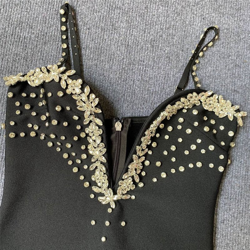 Black Beaded Deep V-Neck Bandage Dress H6279