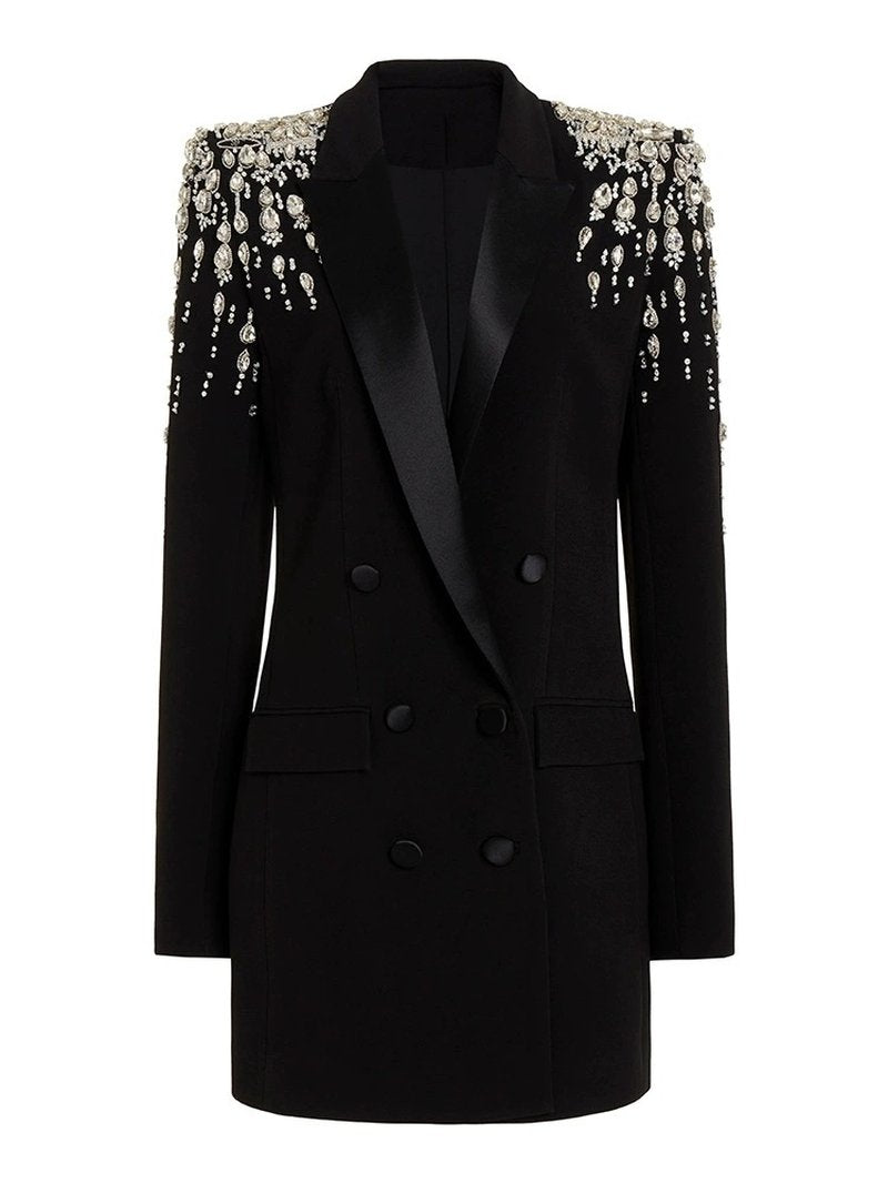 Black Beaded Shoulder Blazer Dress H6241