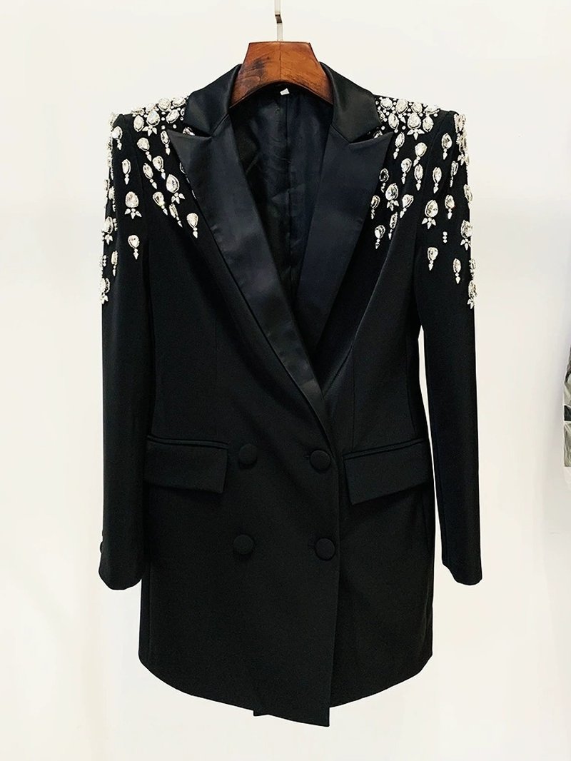 Black Beaded Shoulder Blazer Dress H6241