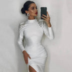 Black Beaded Shoulder Slit Midi Dress H4348