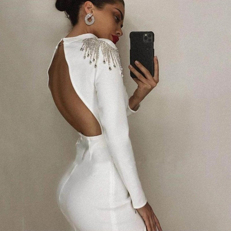 Black Beaded Shoulder Slit Midi Dress H4348