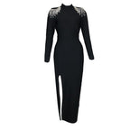 Black Beaded Shoulder Slit Midi Dress H4348