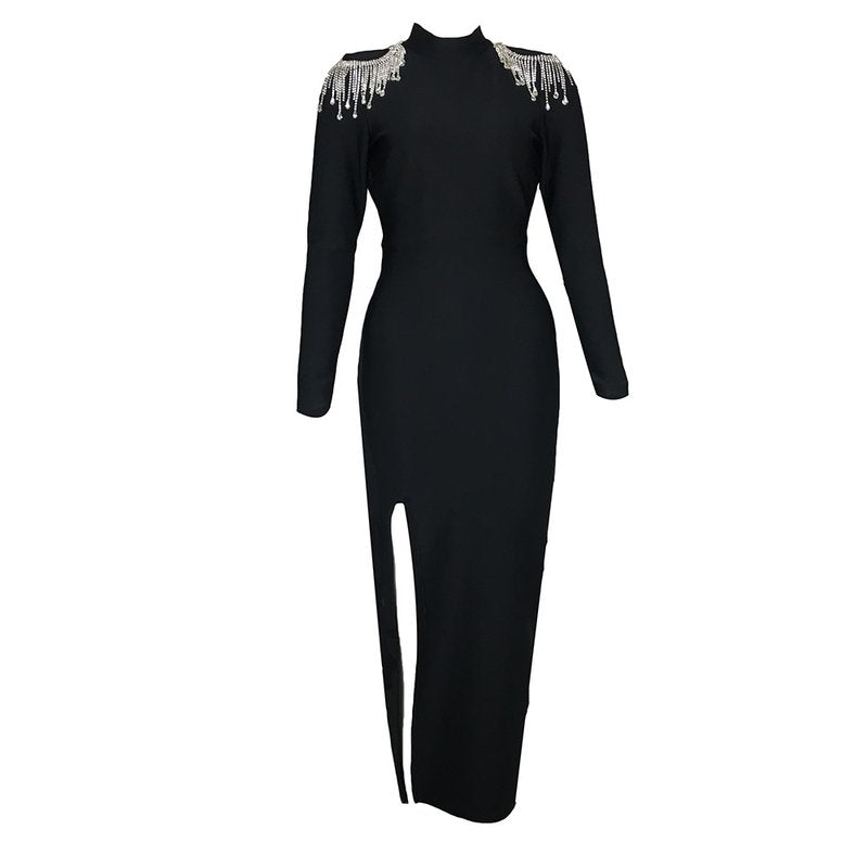 Black Beaded Shoulder Slit Midi Dress H4348