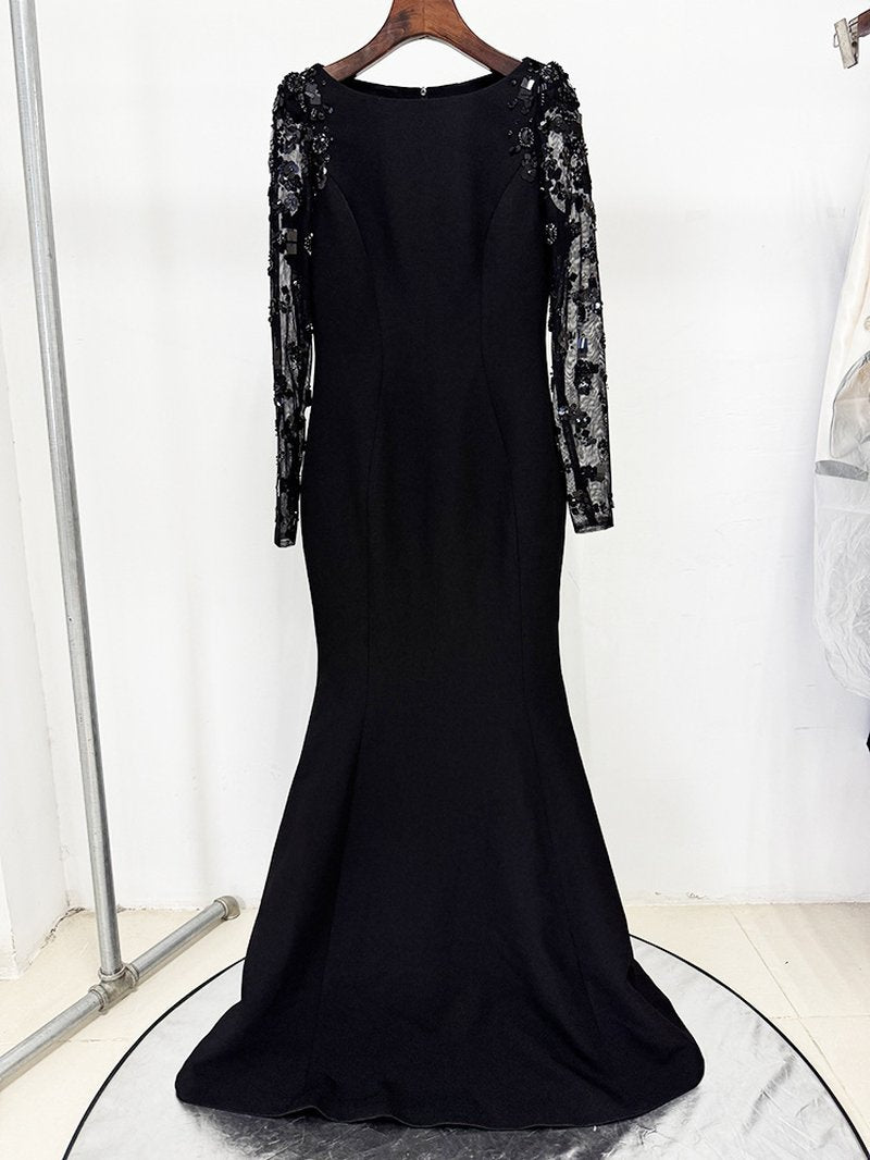 Black Beaded Sleeve Maxi Dress H6998