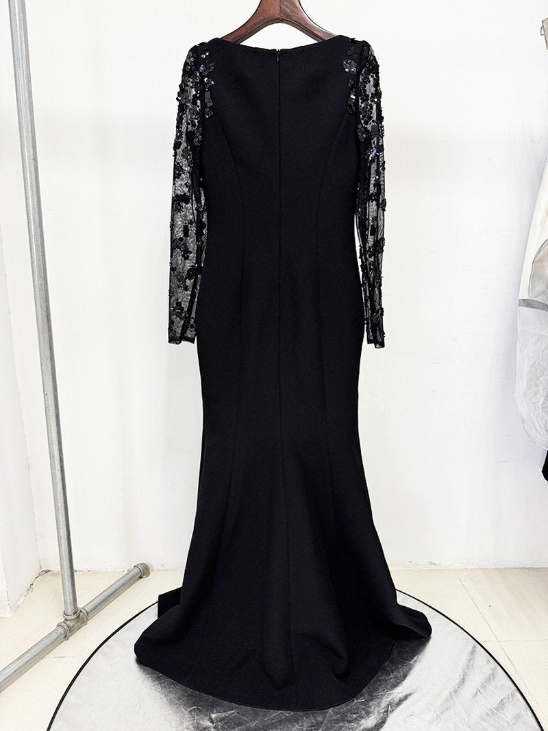 Black Beaded Sleeve Maxi Dress H6998