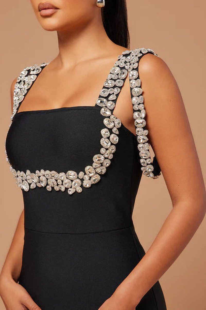 Black Beaded Strap Mermaid Gown H6674