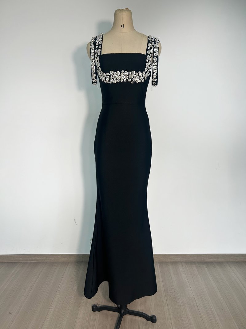 Black Beaded Strap Mermaid Gown H6674