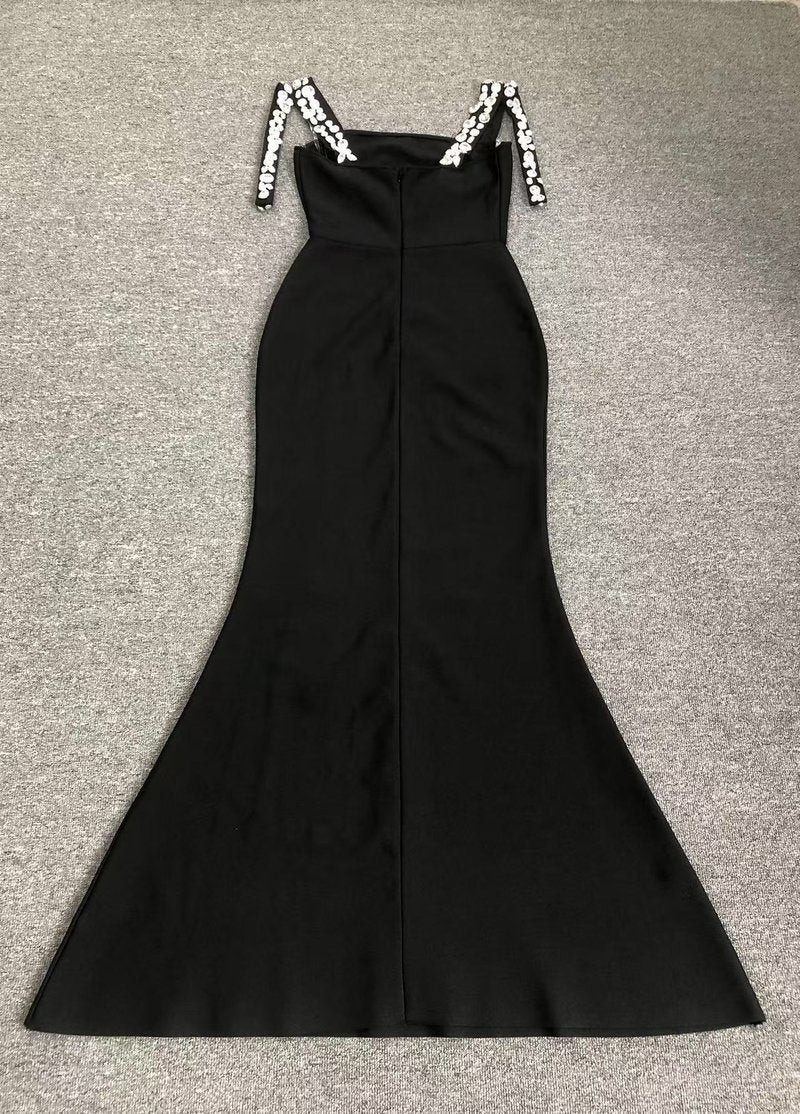 Black Beaded Strap Mermaid Gown H6674