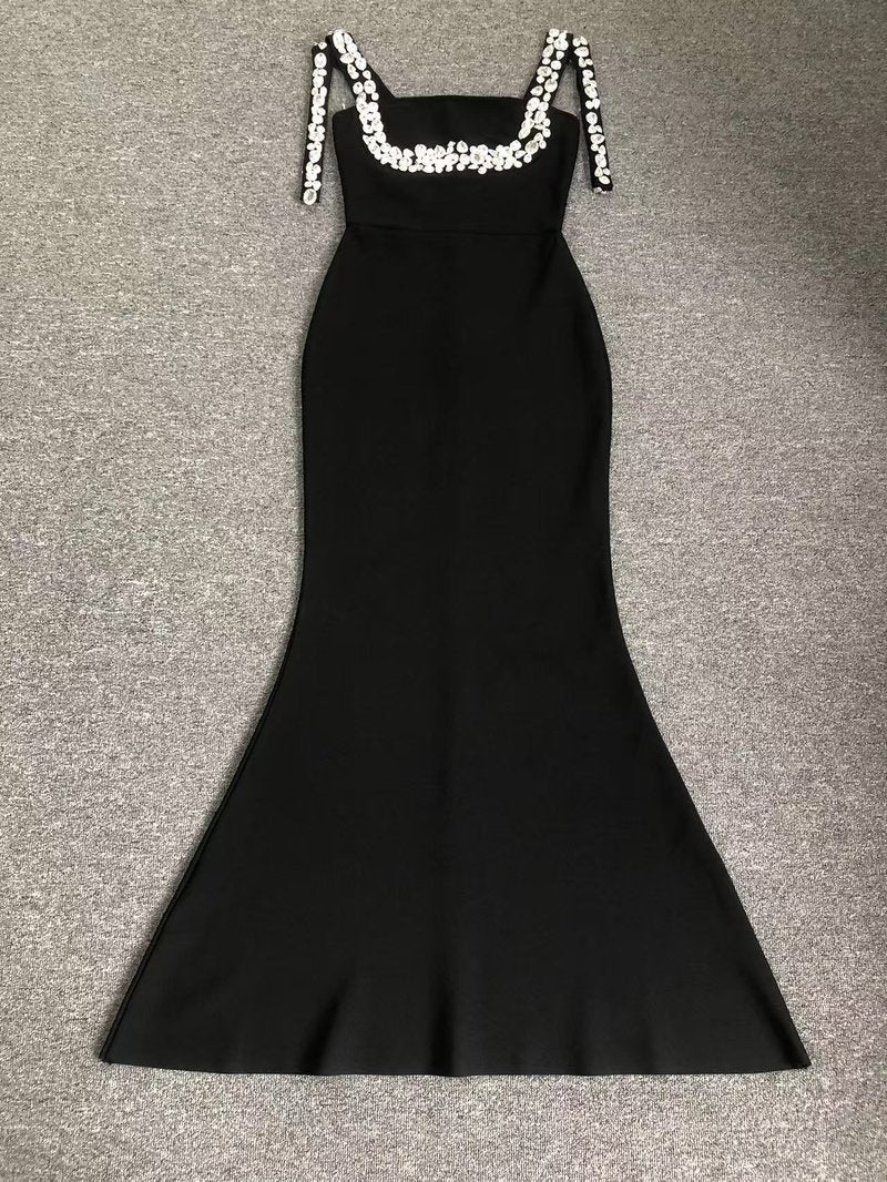 Black Beaded Strap Mermaid Gown H6674