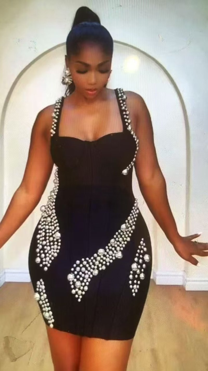 Black Beaded Strapless Bodycon Dress H6795