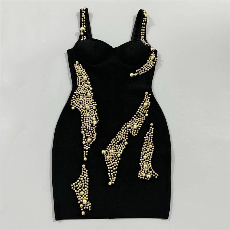 Black Beaded Strapless Bodycon Dress H6795