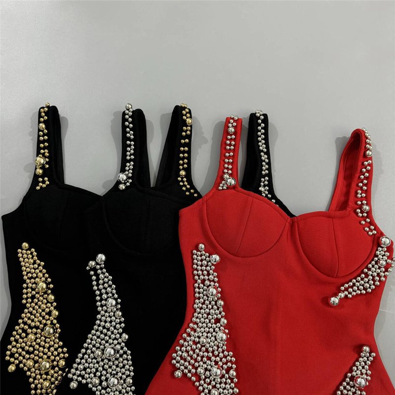 Black Beaded Strapless Bodycon Dress H6795