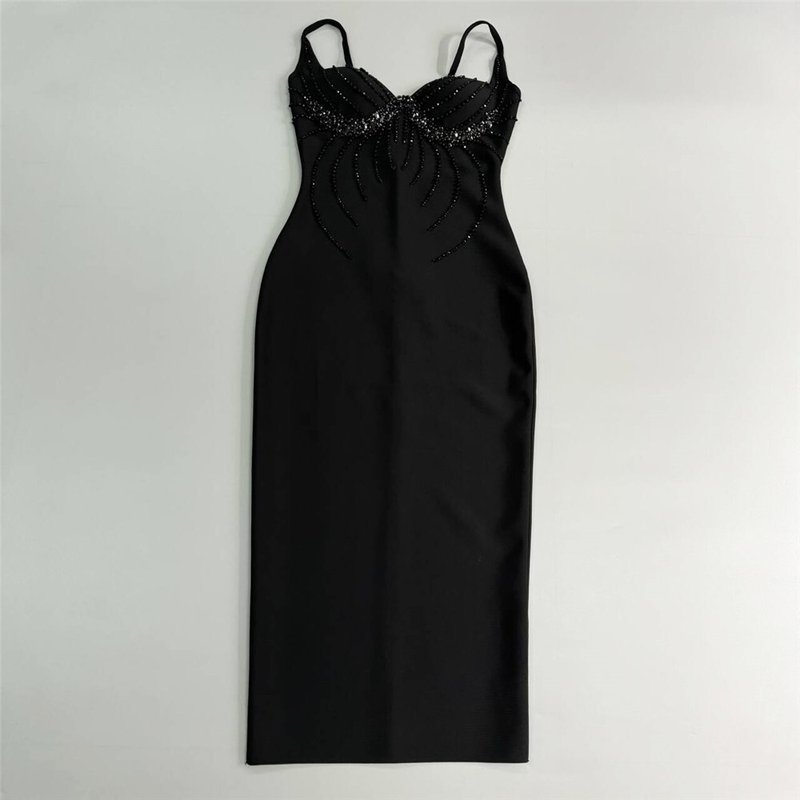 Black Beaded Strappy Mermaid Dress H6575
