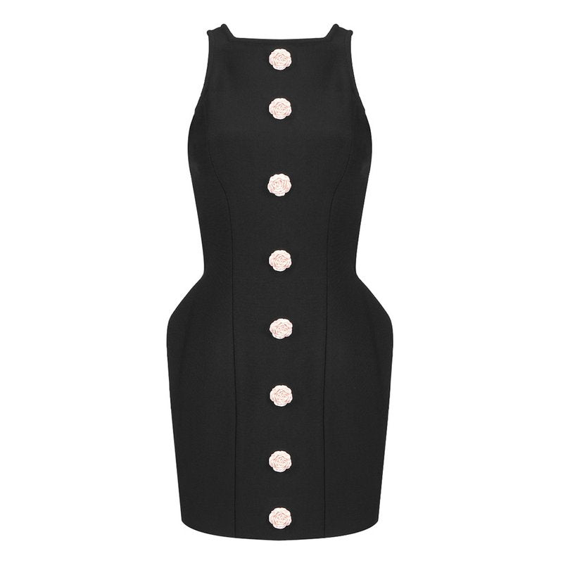 Black Button Front Mini Dress H6390