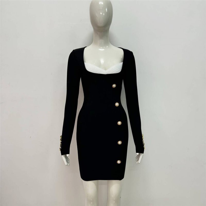 Black Button Front Mini Dress H6446