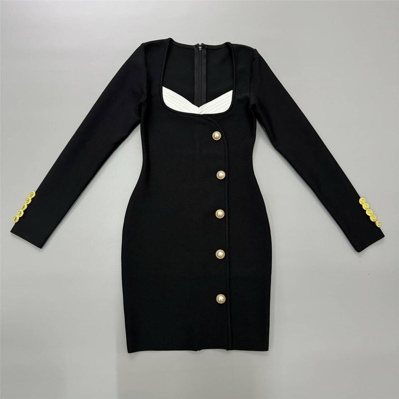 Black Button Front Mini Dress H6446