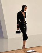 Black Buttoned Hooded Midi Dress H5376