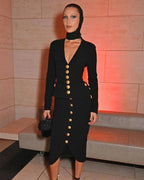 Black Buttoned Hooded Midi Dress H5376
