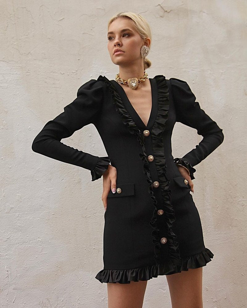 Black Buttoned Long Sleeve Mini Dress H4302