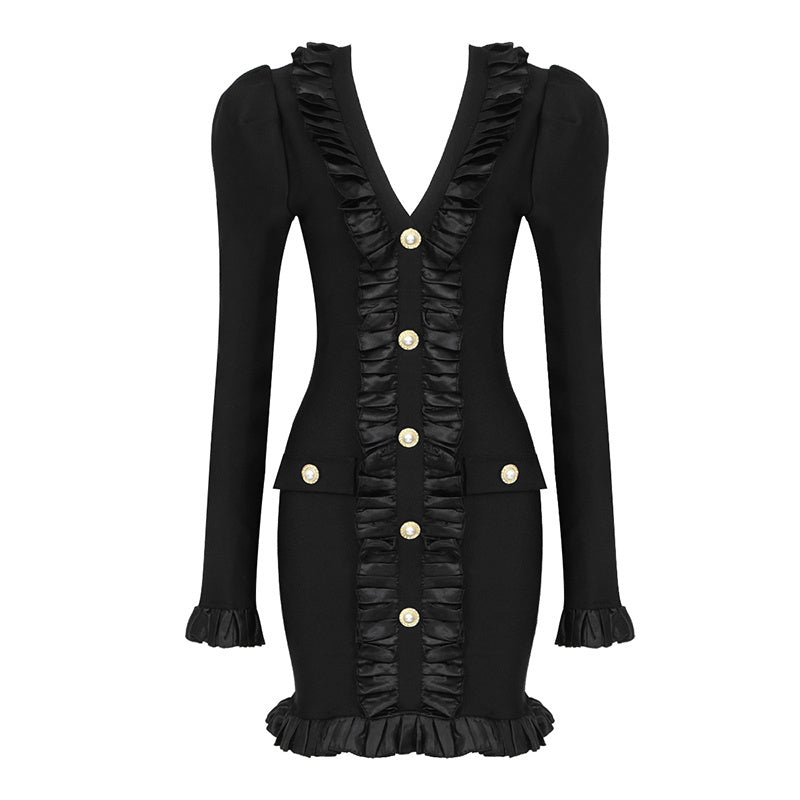 Black Buttoned Long Sleeve Mini Dress H4302