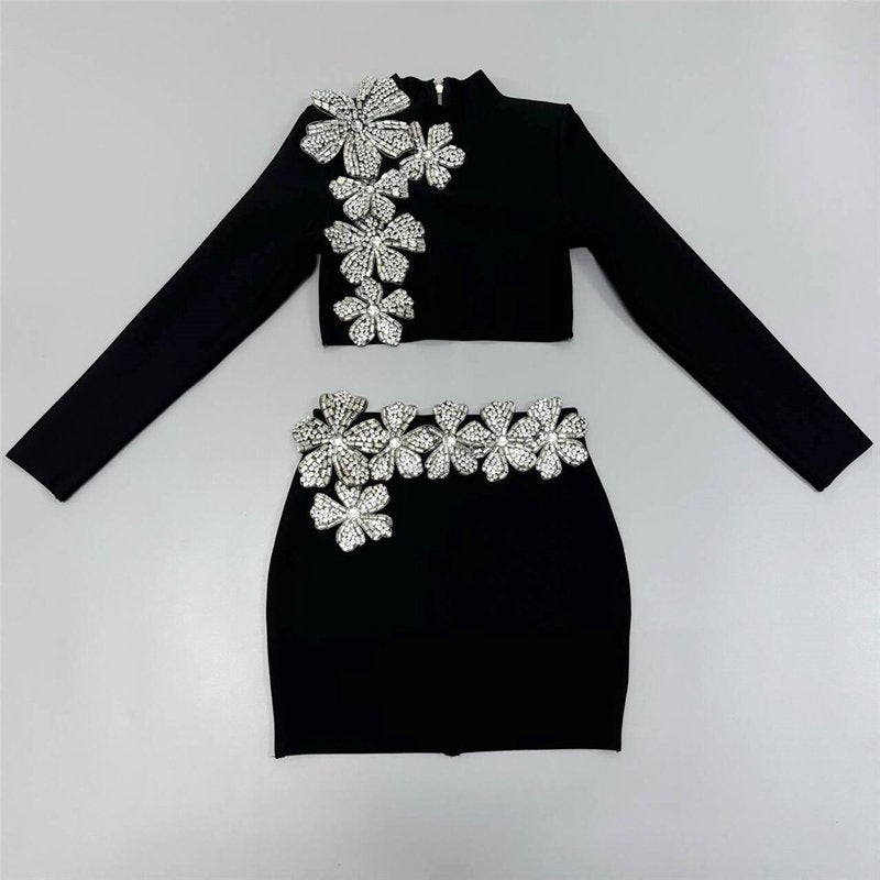 Black Crystal Flower Embellished Bodycon Dress H6533