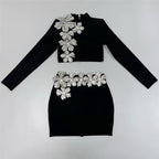 Black Crystal Flower Embellished Bodycon Dress H6533
