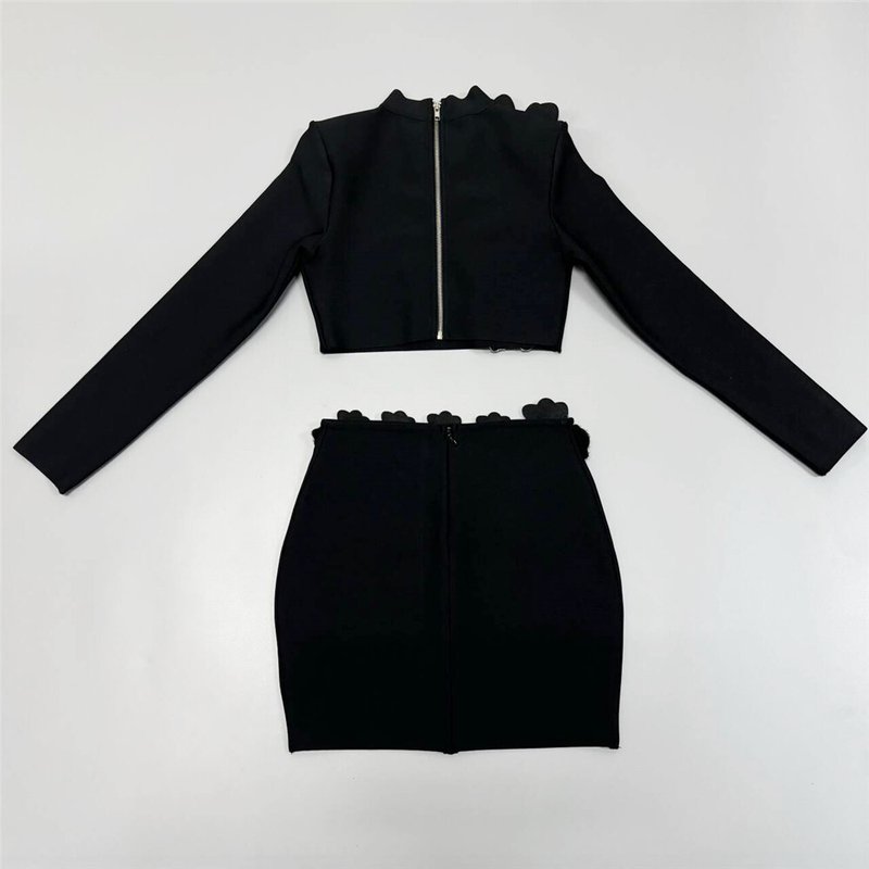 Black Crystal Flower Embellished Bodycon Dress H6533