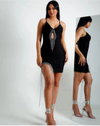 Black Cutout Beaded Fringe Mini Dress H5949