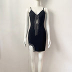Black Cutout Beaded Fringe Mini Dress H5949