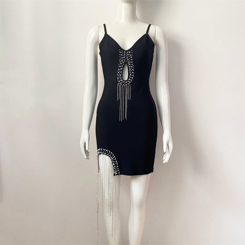 Black Cutout Beaded Fringe Mini Dress H5949