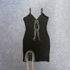 Black Cutout Beaded Fringe Mini Dress H5949