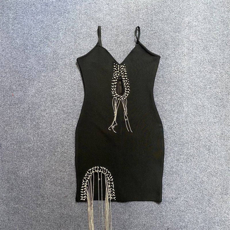Black Cutout Beaded Fringe Mini Dress H5949