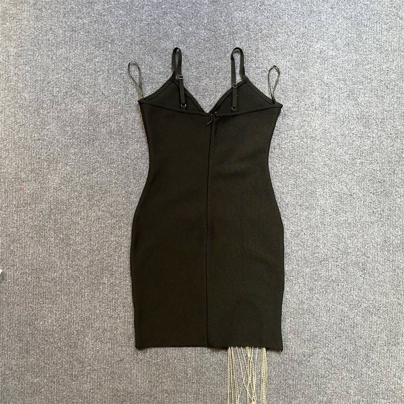 Black Cutout Beaded Fringe Mini Dress H5949